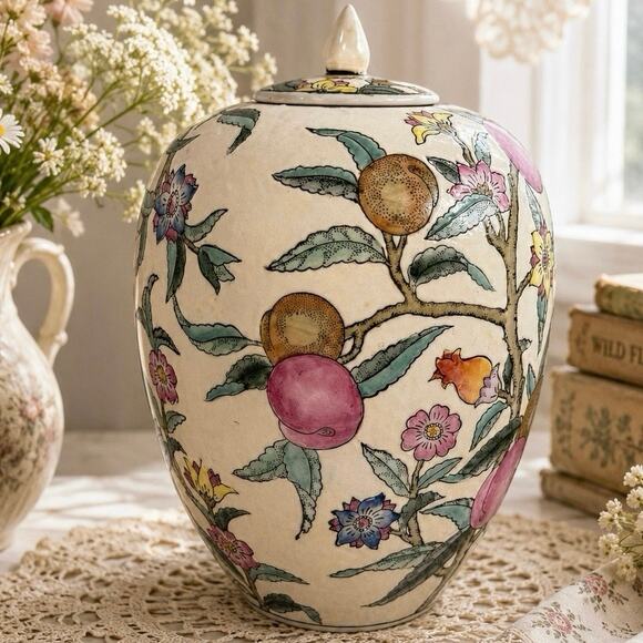 Other - Vintage WBI Chinoiserie Handpainted Porcelain Plum Tree Floral Ginger Jar
